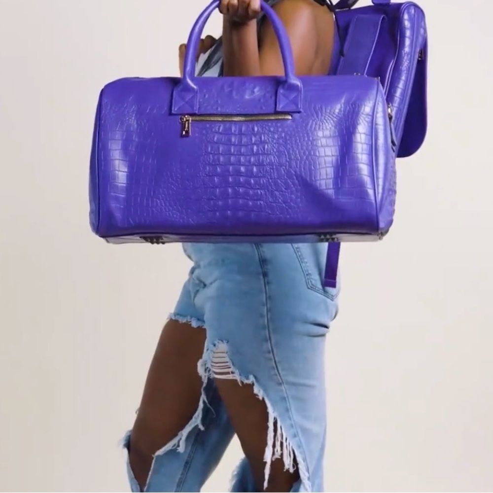 Purple Crocodile-Embossed Weekender Duffel w Luxury Cloth Storage bag.